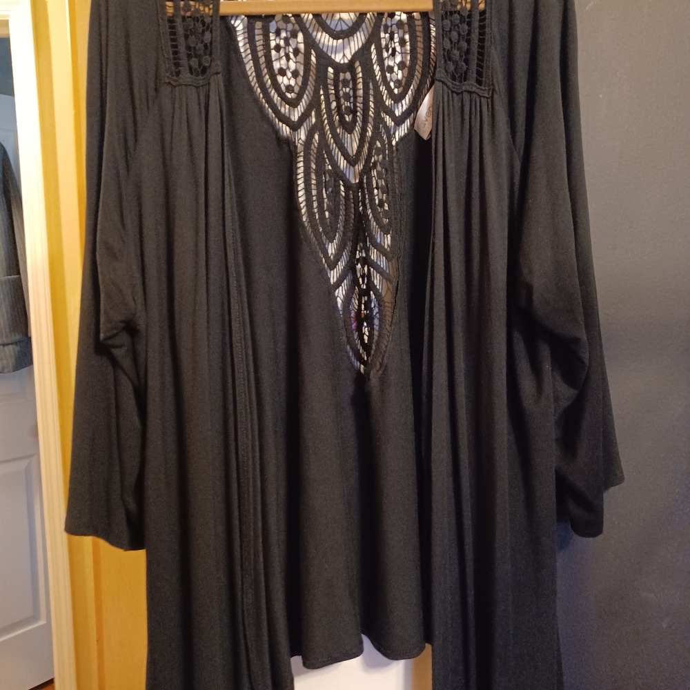 Elegant Black Long Cardigan  With Sheer Back Panel By Avenue. Size 2X